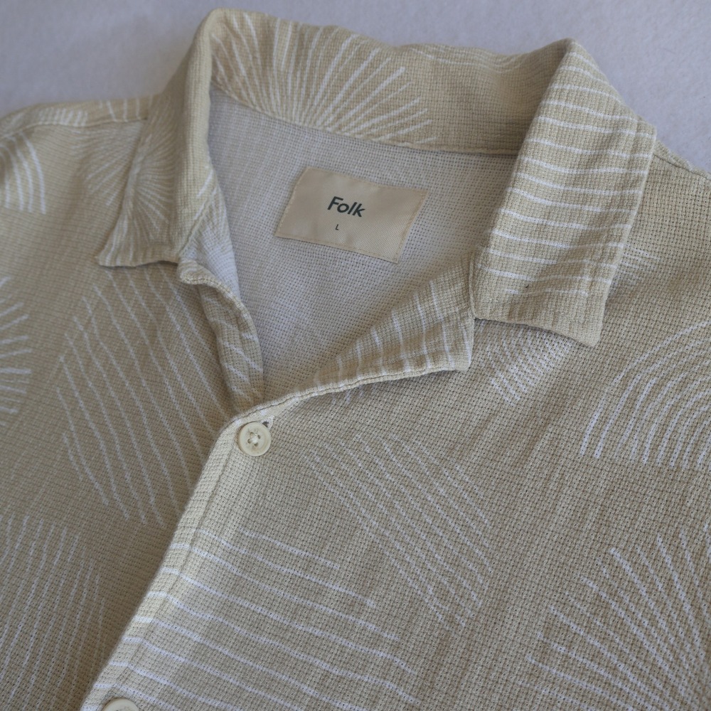 Folk Shirt Mens Large Beige Geometric Sunburst Vacation Resort Summer Camp Shirt